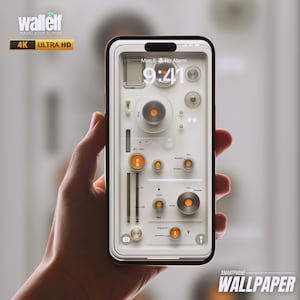 Peut inclure: Un smartphone blanc avec un fond d'écran personnalisé représentant une horloge numérique, des cadrans et des boutons. Le fond d'écran a un design rétro et futuriste. Le texte à l'écran indique "Mon 6 No Alarm 9:41". Le téléphone est étiqueté "SMARTPHONE WALLPAPER".