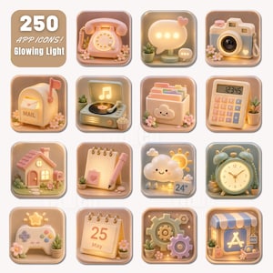 May include: A collection of 250 app icons featuring a glowing light aesthetic. The icons display various 3D objects including a telephone, camera, mailbox, record player, calculator, house, notepad, alarm clock, game controller, and calendar.