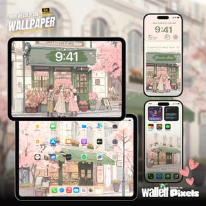 Puede incluir: Una ilustración digital de una tienda de flores con un cerezo en flor rosa en frente. La tienda tiene un letrero que dice "Carterie Flower Shop" y un reloj que marca las "9:41". La imagen está diseñada para ser utilizada como fondo de pantalla de teléfono.