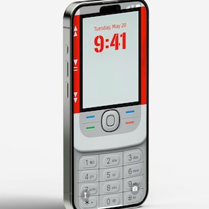 May include: A silver and red mobile phone with a white screen displaying the time 9:41 and the date Tuesday, May 20. The phone has a traditional keypad with numbers and letters.