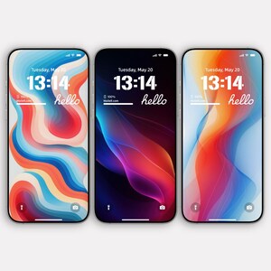 May include: Three iPhone mockups with different abstract backgrounds. Each phone displays the time 13:14 and the word "hello".