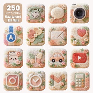 May include: Sixteen plush app icons with floral and layered designs. Icons include a telephone, camera, speech bubble, and social media logos. The text "250 APP ICONS! Floral Layered Soft Plush" is at the top.