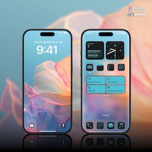 May include: A screenshot of an iPhone displaying a custom home screen with a blue and pink abstract background. The time is 9:41 AM. The home screen features a clock widget, calendar widget, and shortcuts for tasks like "Block Off an Hour" and "Take a Break".