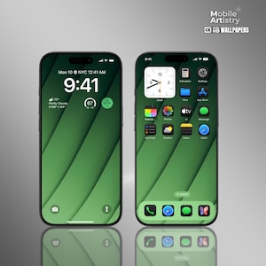 Może przedstawiać: Mockup iPhone'a w kolorze zielonym i czarnym z tarczą zegara i aplikacją pogodową na ekranie głównym. Telefon znajduje się na szarym tle. Tekst na ekranie to "Mon 10 NYC 12:41 AM" i "9:41".