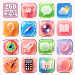 May include: A collection of 250 glossy jelly app icons featuring rounded square shapes with translucent, colorful designs. Symbols include a telephone, speech bubble, cloud, lightbulb, compass, camera lens, book, rocket, video camera, bird, guitar, calculator, cross, and watch.