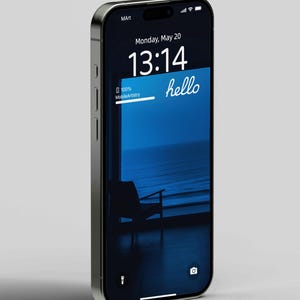 May include: A black smartphone with a blue screen displaying the time 13:14 and the word "hello". The date is Monday, May 20. The phone is 100% charged and the battery icon is displayed in the top left corner. The phone is on a white surface.