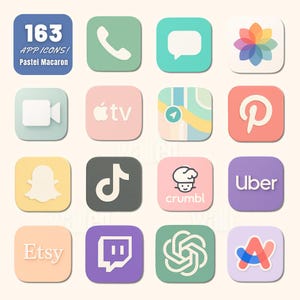 May include: A collection of 163 pastel-colored app icons, including Etsy, Uber, and TikTok, arranged in a grid. Each icon features a 3D effect, with a soft, shadow-like appearance. The top left icon has the text "163 APP ICONS! Pastel Macaron".
