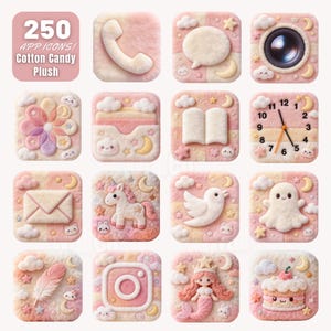 Może przedstawiać: Kolekcja 16 pluszowych ikon aplikacji w motywie waty cukrowej. Każda kwadratowa ikona ma inny wzór, w tym telefon, aparat, zegar i jednorożca. Tekst "250 APP ICONS! Cotton Candy Plush" znajduje się na górze.