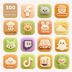 Op de afbeelding: Een verzameling van 300 zachte, pluizige pastel app-iconen. Elk icoon heeft een uniek ontwerp, waaronder een beer, konijn, vos en spook. Sommige iconen hebben tekst, zoals "Dunkin'" en "Lyft". Het algemene thema is schattig en grillig.