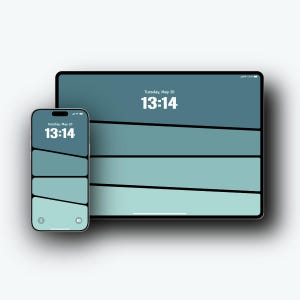 Könnte beinhalten: Ein Smartphone und ein Tablet zeigen ein Hintergrundbild mit blau-grünem Farbverlauf und der Uhrzeit 13:14. Die Bildschirme haben ein modernes, minimalistisches Design mit horizontalen Farbstreifen. Das Datum, Dienstag, 20. Mai, wird ebenfalls angezeigt.