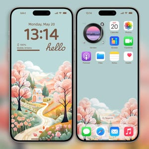 May include: A digital illustration of a whimsical landscape with a small house, winding path, and blooming trees. The image is displayed on a smartphone screen with the time 13:14 and the date Monday, May 20. The phone also shows a notification that says "hello".