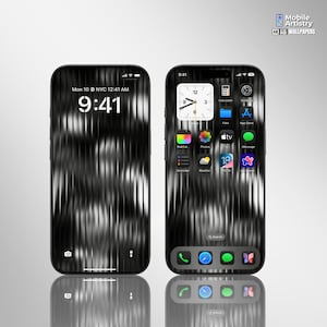 May include: A black and white striped iPhone wallpaper with a clock and app icons on the home screen. The time is 9:41 AM. The wallpaper is a digital illustration of vertical stripes.
