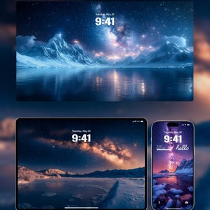 May include: A digital clock display on a tablet and a smartphone showing the time 9:41. The background image is a starry night sky over a frozen lake and mountains.