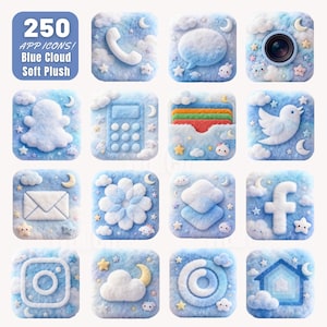 250 blå molnplysch-appikoner för iOS och Android