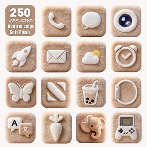 Könnte beinhalten: Eine Sammlung von 250 App-Symbolen mit einem neutralen, beigefarbenen, weichen Plüschdesign. Jedes Symbol zeigt ein anderes Design, darunter Telefon, Sprechblase, Kamera, Rakete, Umschlag, Wolke, Wecker, Schmetterling und mehr.