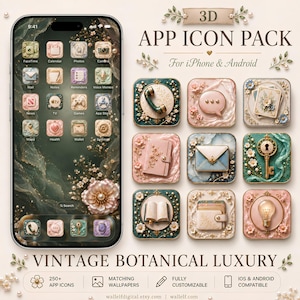 May include: A digital 3D app icon pack for iPhone and Android titled Vintage Botanical Luxury. The display shows a smartphone with a dark green marble wallpaper and floral icons. Nine individual square icons feature ornate designs like a telephone, envelope, key, and lightbulb with pearl and flower accents.