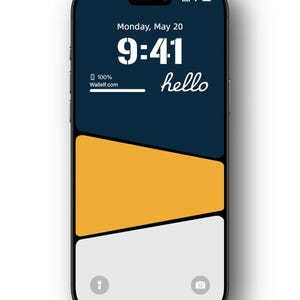 May include: A smartphone with a black screen displaying the time 9:41, the date Monday, May 20, and the word "hello" written in cursive. The battery is at 100% and the phone is connected to a Wi-Fi network. The phone has a yellow and white background.