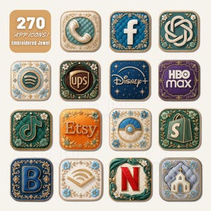 Może przedstawiać: Kolekcja 16 haftowanych ikon aplikacji o wyglądzie klejnotu. Ikony przedstawiają różne wzory, w tym telefon, logo Facebooka, logo Spotify, logo UPS, logo Disney+, logo HBO Max, logo Etsy i inne. Obecny jest również tekst "270 APP ICONS! Embroidered Jewel".