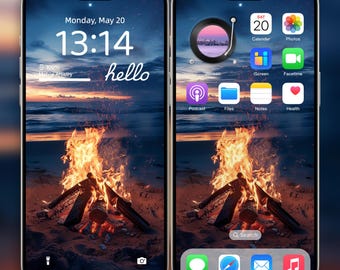 Pode incluir: Uma captura de tela de um iPhone que mostra uma fogueira em uma praia ao pôr do sol. O horário é 13:14 e a data é segunda-feira, 20 de maio. A tela inicial do telefone mostra ícones para Calendário, Fotos, iScreen, FaceTime, Podcast, Arquivos, Notas e Saúde.