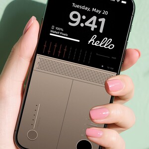 May include: A black smartphone with a brown and tan design is held in a hand. The screen displays the time, "9:41", and the word "hello" in cursive. The phone's screen also shows "100% Wallelf Pixels".