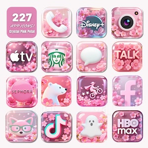 Puede incluir: Un conjunto de 16 iconos de aplicaciones con un tema floral rosa. Los iconos incluyen un teléfono, Disney+, una cámara, Apple TV, Starbucks, una burbuja de diálogo, la palabra "TALK", Sephora, un oso polar, una persona en bicicleta, Facebook, un zorro, TikTok, un fantasma y HBO Max.