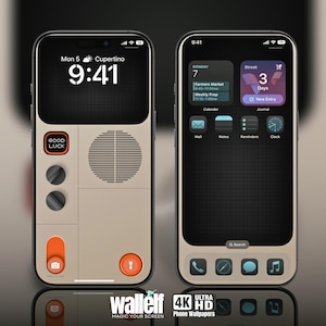 Może przedstawiać: Makieta ekranu iPhone'a z widżetem w stylu retro przedstawiającym radio z pokrętłami i głośnikiem. Godzina 9:41, lokalizacja Cupertino. Ekran główny zawiera ikony poczty, notatek, przypomnień, zegara, kalendarza i dziennika.