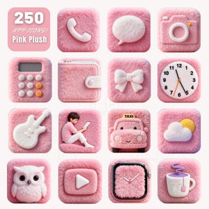 May include: Sixteen pink plush app icons, including a phone, camera, calculator, wallet, bow, clock, guitar, person reading, taxi, cloud, owl, play button, watch, and teacup. The text "250 APP ICONS! Pink Plush" is at the top.