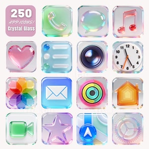 Op de afbeelding: Een verzameling van 16 kristallen glazen app-pictogrammen, elk met een uniek ontwerp en kleurenschema. De pictogrammen omvatten een telefoon, een tekstballon, een muzieknoot, een hart, een camera, een klok, een bloem, een envelop, een fitnesstracker, een huis, een videocamera, een ster, een kaartspeld en een tandwiel. De tekst "250 APP ICONS! Crystal Glass" staat bovenaan.