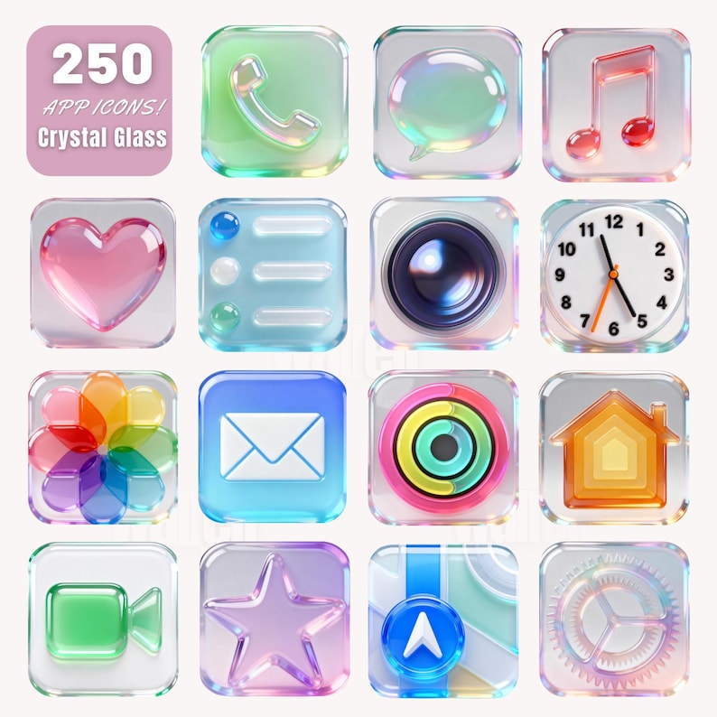 250 Crystal Glass App Icons – Iridescent 3D Prism Theme for Ios ...