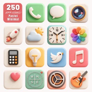 May include: A collection of 3D app icons in pastel colors. The icons include a phone, speech bubble, camera, rocket, cloud with sun, clock, flower, calculator, lightbulb, bird, musical note, heart, compass, gear, and guitar. Text reads "250 APP ICONS! PASTEL MINIMAL".