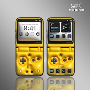 Sfondo per iPhone con console da gioco gialla 3D - Effetto retrò Puff - Schermata di blocco del giocatore audace - Estetica nostalgica - Sfondo HD Android