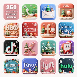 May include: A collection of 16 Christmas-themed app icons. Each icon features a festive design with a Christmas tree, snow, and a Santa Claus figure. The apps include HBO Max, Etsy, and Canva. The image also includes the text "250 APP ICONS! Christmas Miniautre".