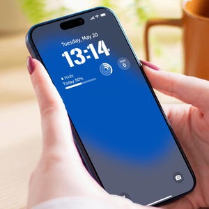 May include: A blue smartphone screen displaying the time 13:14, the date Tuesday, May 20, and the text "RAIN Today 50%". The phone also shows a weather icon with a blue circle and a white line.