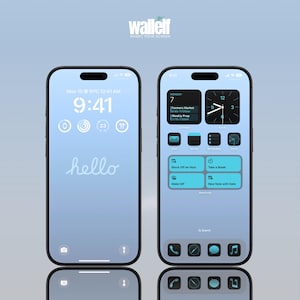 Puede incluir: Una maqueta de iPhone azul y negro con un fondo azul claro. La pantalla de inicio muestra la hora, "9:41", y la palabra "hello". La segunda pantalla muestra un widget de reloj, un widget de calendario y varios iconos de aplicaciones.