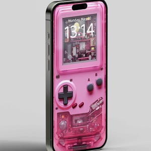 May include: A pink transparent phone case with a Game Boy design. The case has a black screen with a digital clock displaying "Monday, May 20 13:14". The case also has a black directional pad and two black buttons labeled "A" and "B".
