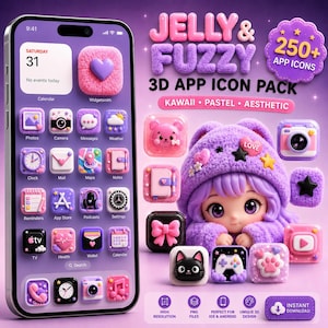 Puede incluir: Ilustración digital de un teléfono inteligente morado con iconos de aplicaciones personalizados. La imagen presenta un paquete de iconos de aplicaciones 3D "Jelly & Fuzzy" con una estética kawaii. Los iconos son de color pastel.