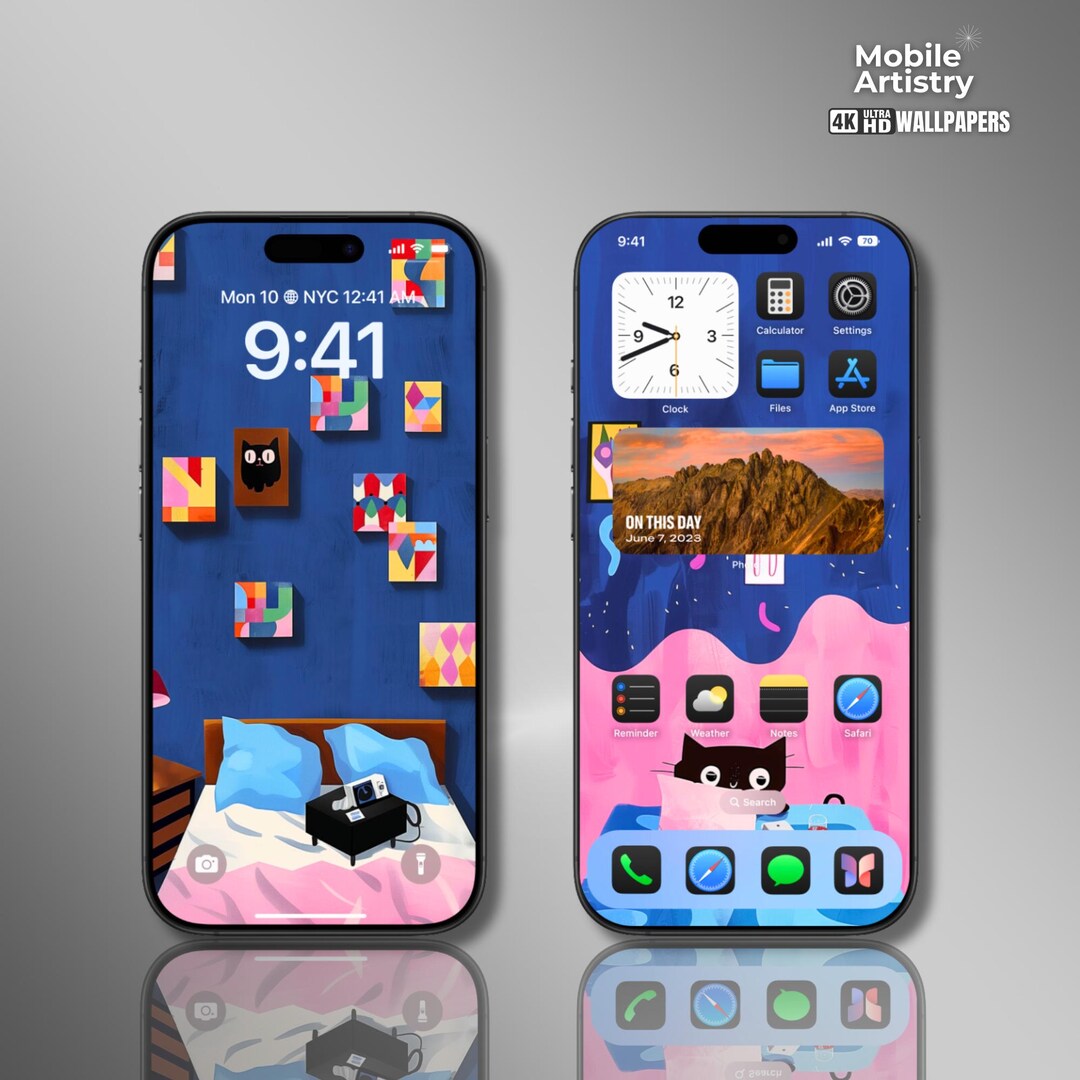 Cat Art Phone Wallpaper Set | Cozy Lock & Home Screen (digital Download ...