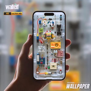 May include: A transparent smartphone case with a colorful circuit board design. The case shows the internal components of the phone, including wires, chips, and a speaker. The phone screen displays the time, "9:41", and the date, "Monday, June 6".
