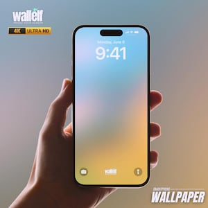 Pode incluir: Um smartphone exibindo um papel de parede de fundo desfocado com a hora 9:41 e o texto "Segunda-feira, 6 de junho". O telefone está sendo segurado em uma mão. O texto "wallelf" e "SMARTPHONE WALLPAPER" são visíveis na parte inferior da imagem.