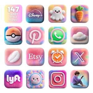 147 Candy Pastel Fuzzy-apppictogrammen | Leuk iOS-pictogrampakket | Esthetische app voor iPhone |Exclusief custom kawaii-ontwerp | Gratis updates inbegrepen