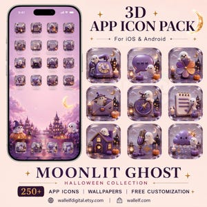 Może przedstawiać: Zestaw ikon aplikacji 3D zatytułowany Moonlit Ghost Halloween Collection z motywami fioletu i pomarańczy. Wyświetlacz pokazuje interfejs smartfona z niestandardowymi ikonami, w tym duchami, dyniami, zamkami i elementami niebieskimi dla systemów iOS i Android.