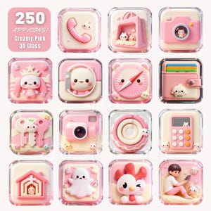 Op de afbeelding: Een verzameling van 16 app-pictogrammen in een crèmepink en 3D-glasontwerp. Elk pictogram heeft een andere illustratie, waaronder een telefoon, camera en kompas. De tekst "250 APP ICONS! Creamy Pink 3D Glass" staat bovenaan.