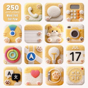 May include: A collection of 16 wool felt app icons in yellow and white, each featuring a cat paw design. The icons include a phone, speech bubble, calculator, cat, camera, and calendar. Text at the top reads "250 APP ICONS! Wool Felt Cat Paw."