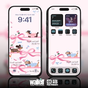 Small Coat Ball Puppy 4K Wallpaper | Cute Pink Ribbon Dog Design for iOS & Android | Digital Background for Lock Home Screen| 389