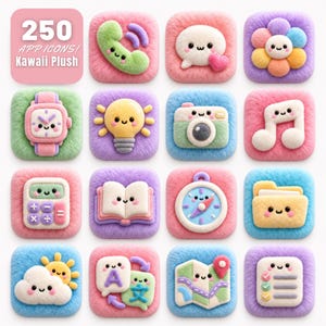 Puede incluir: Una colección de 250 iconos de aplicaciones digitales con una textura de felpa difusa y una paleta de colores pastel. Cada icono cuadrado muestra una cara de personaje linda en objetos como un teléfono, bombilla, cámara y un libro.