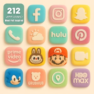 Op de afbeelding: Een verzameling van 16 vierkante app-iconen gemaakt van gekleurd vilt. De iconen bevatten logo's van sociale media zoals Facebook en Instagram, streamingdiensten zoals Hulu en Prime Video, en gamekarakters zoals Mario en Sonic. De tekst "212 APP ICONS! Wool-Felt Inspired" is ook aanwezig.