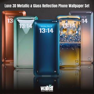Op de afbeelding: Vier telefoonachtergronden met een 3D-metaal- en glasreflectie-effect. De achtergronden zijn in koper, teal, blauw en goud. De tijd wordt op elke achtergrond weergegeven als 13:14. De tekst "wallelf" en "MAGIC YOUR SCREEN" wordt onderaan de afbeelding weergegeven.