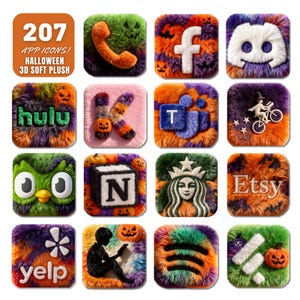 May include: A set of Halloween-themed app icons with a soft, plush texture. The icons display various designs, such as a telephone, the Facebook logo, and a Discord symbol, all in a colourful, spooky style. The text "207 APP ICONS! HALLOWEEN 3D SOFT PLUSH" is visible.