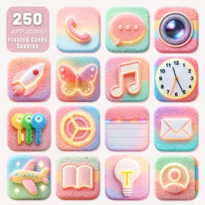 May include: A collection of 16 colorful app icon designs, each resembling frosted candy cookies. The icons include a phone, speech bubble, camera, rocket, butterfly, musical note, clock, keys, settings, notepad, envelope, airplane, book, lightbulb, and user profile.