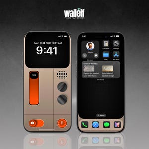 以下が含まれることがあります： レトロなスタイルのホーム画面を持つ金色のiPhone。画面には9:41の時間と10月10日月曜日の日付が表示されています。ホーム画面には、時計、電卓、設定アイコンも含まれています。電話は白い表面にあります。